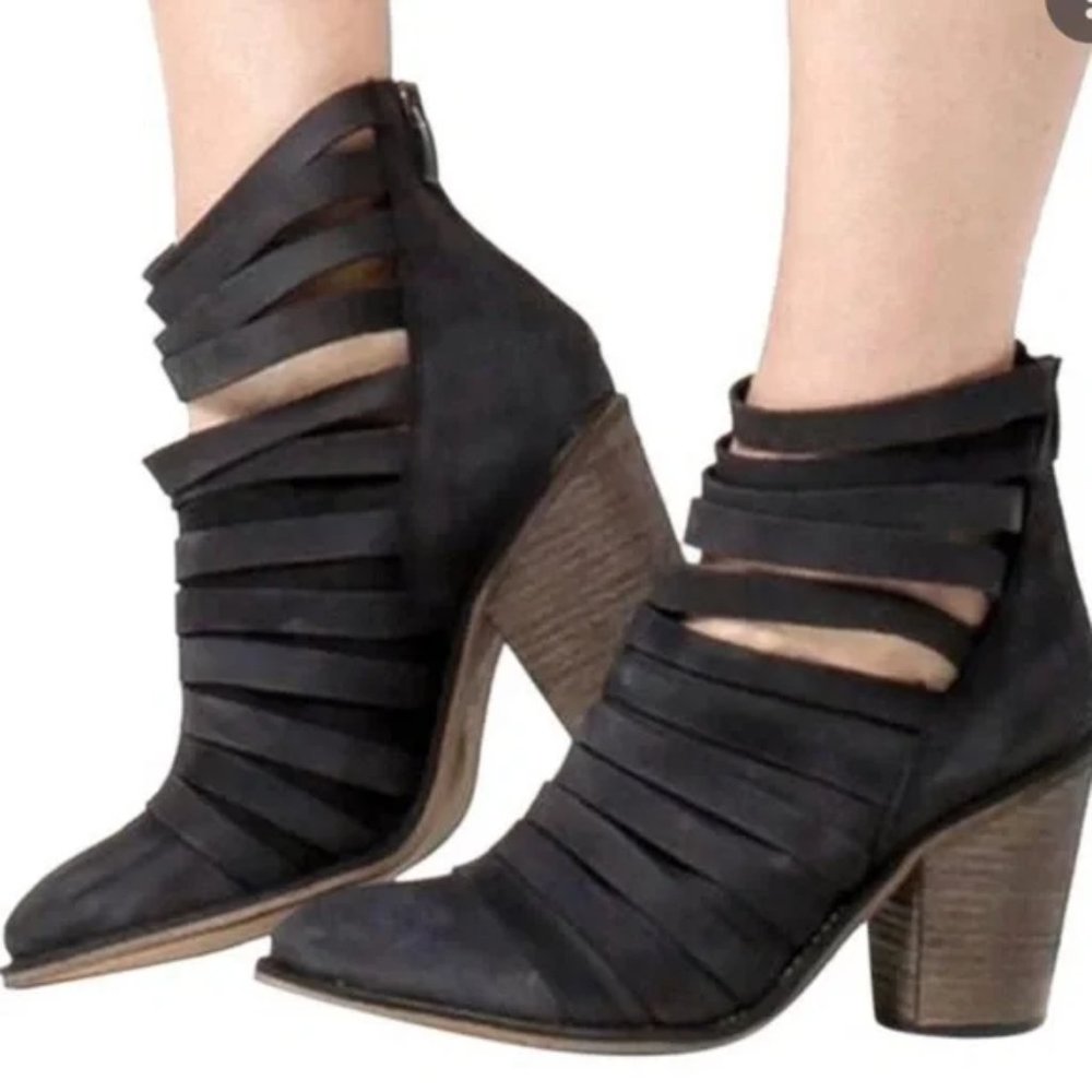 Free People New Boots HYBRID Strappy Suede Leather Booties NIB BLACK Women's 10